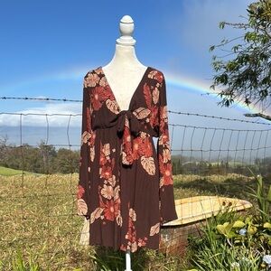 Volcom Over The Sea Dark Chocolate Floral Long Sleeve mini Dress large 10